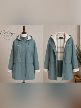 Braetan Muted Teal/Sage Green Hooded Jacket Plaid Lined Coat Size M Preppy